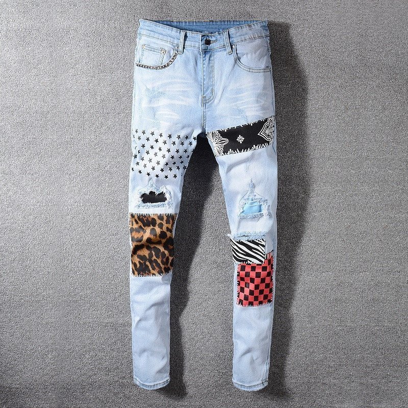 Leopard/Stars/Plaid Patchwork Ripped Jeans For Men - RippedJeans ...