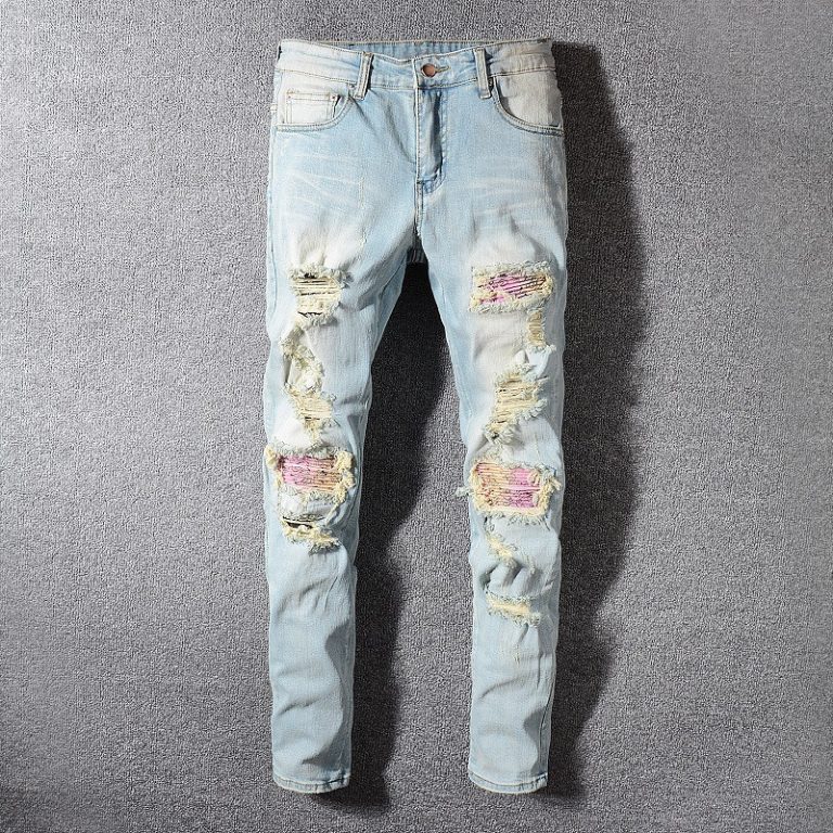 Men S Light Washed Pink Patchwork Ripped Jeans Rippedjeans® Official Site