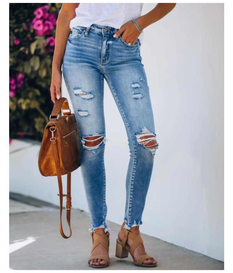 Women Vintage Blue Super Skinny Ripped Jeans Front Side
