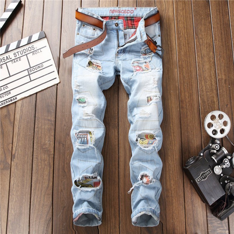 Mens Blue Light Washed Patched Ripped Jeans - RippedJeans® Official Site