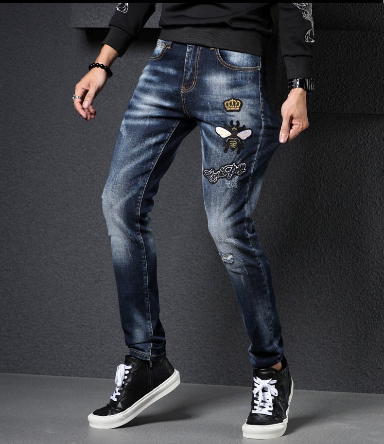 Mens Dark Blue Bee Print Distressed Skinny Jeans - RippedJeans ...