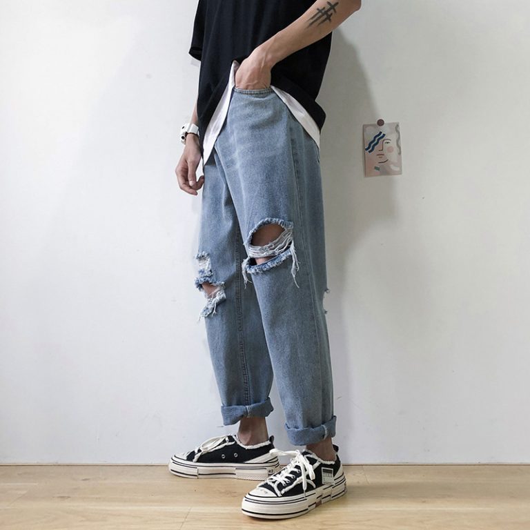 2021 Light Blue Mens Baggy Knee Ripped Jeans - RippedJeans® Official Site