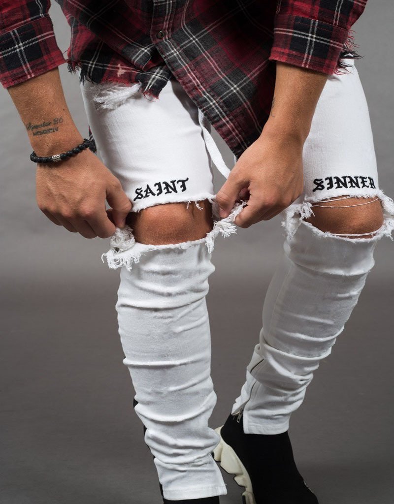 Men's Trendy White Stripe Ripped Jeans - Knee Detail