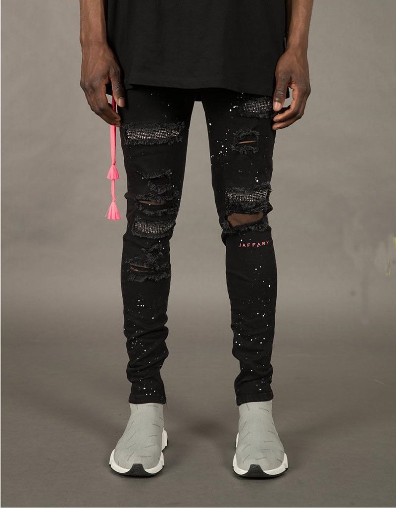Mens Barbed Wire Style Distressed Ripped Jeans - Black Front Side