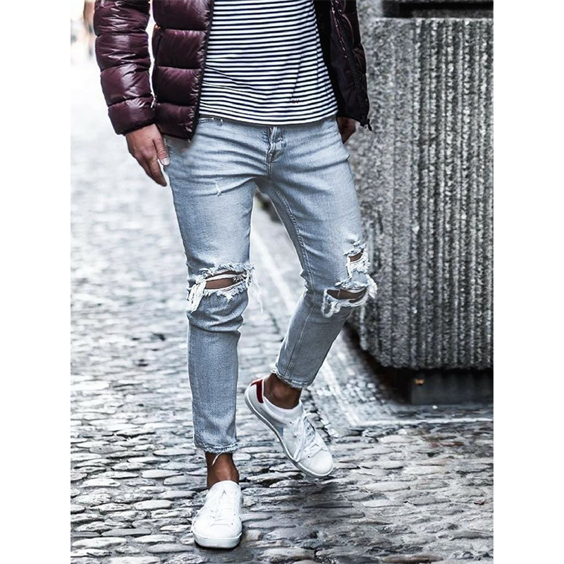 Retro Blue Light Washed Distressed Ripped Jeans Streetwear