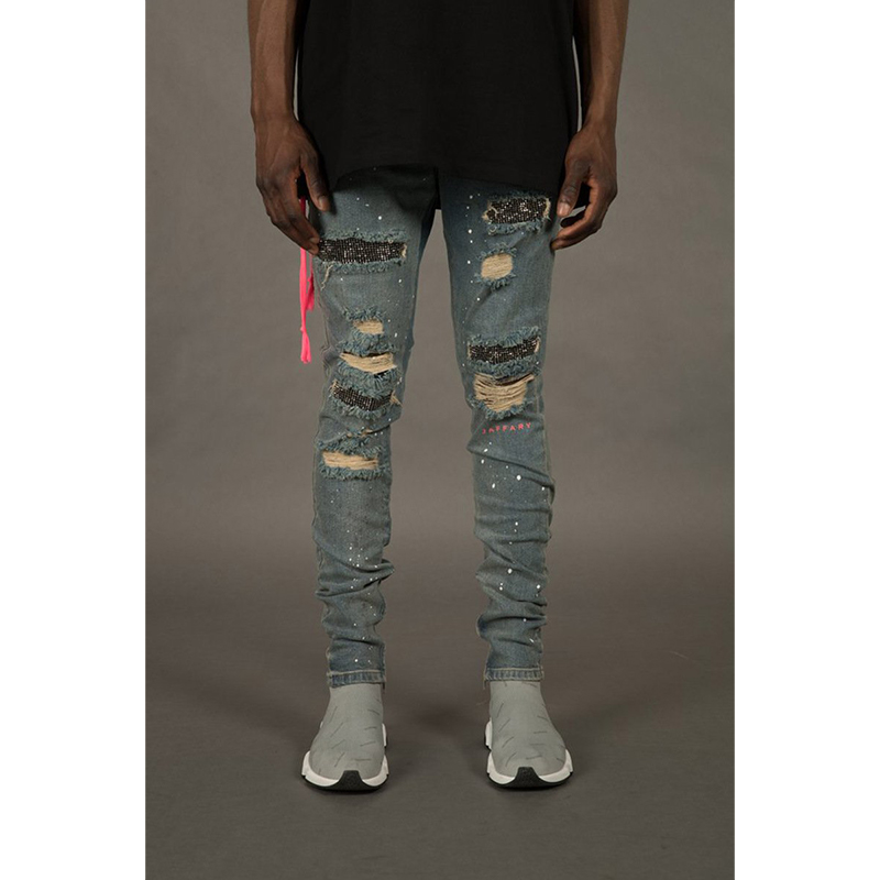 Mens Barbed Wire Style Distressed Ripped Jeans - Front Side
