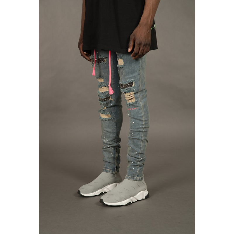 Mens Barbed Wire Style Distressed Ripped Jeans - Model Photo