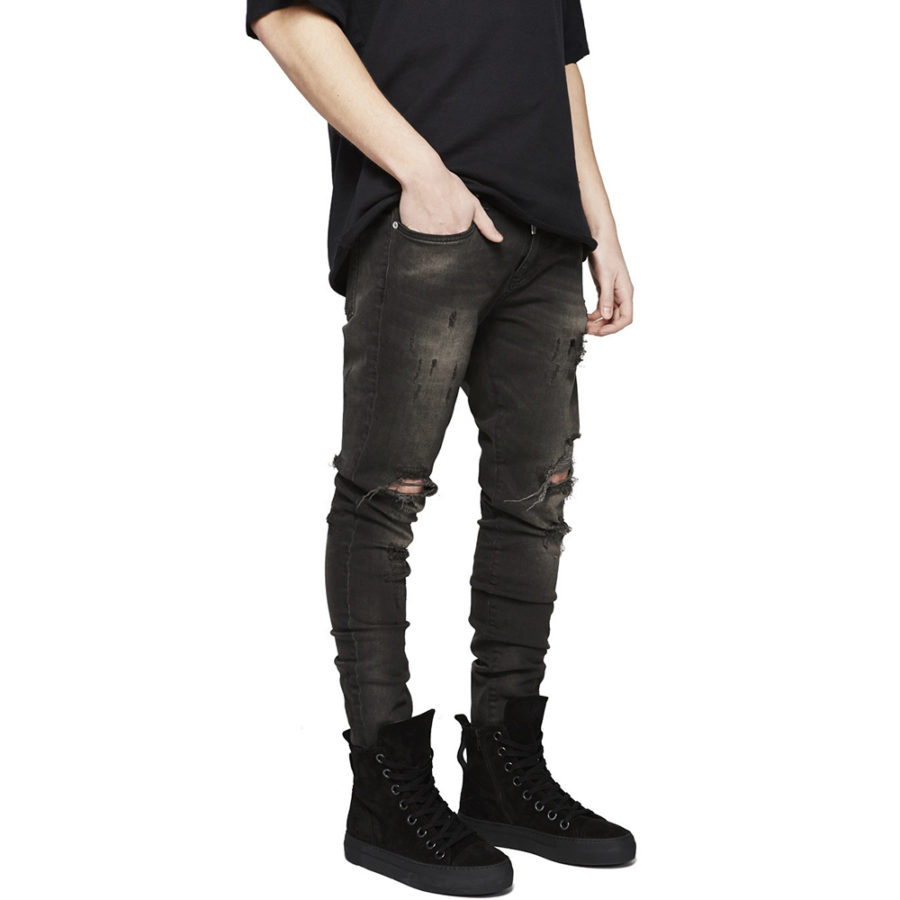 Mens Black Stacked Distressed Ripped Jeans Model Photo