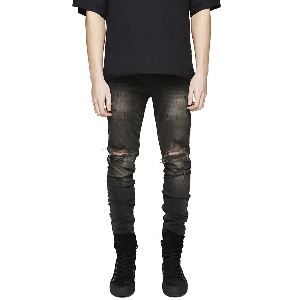 Mens Black Stacked Distressed Ripped Jeans Front Side