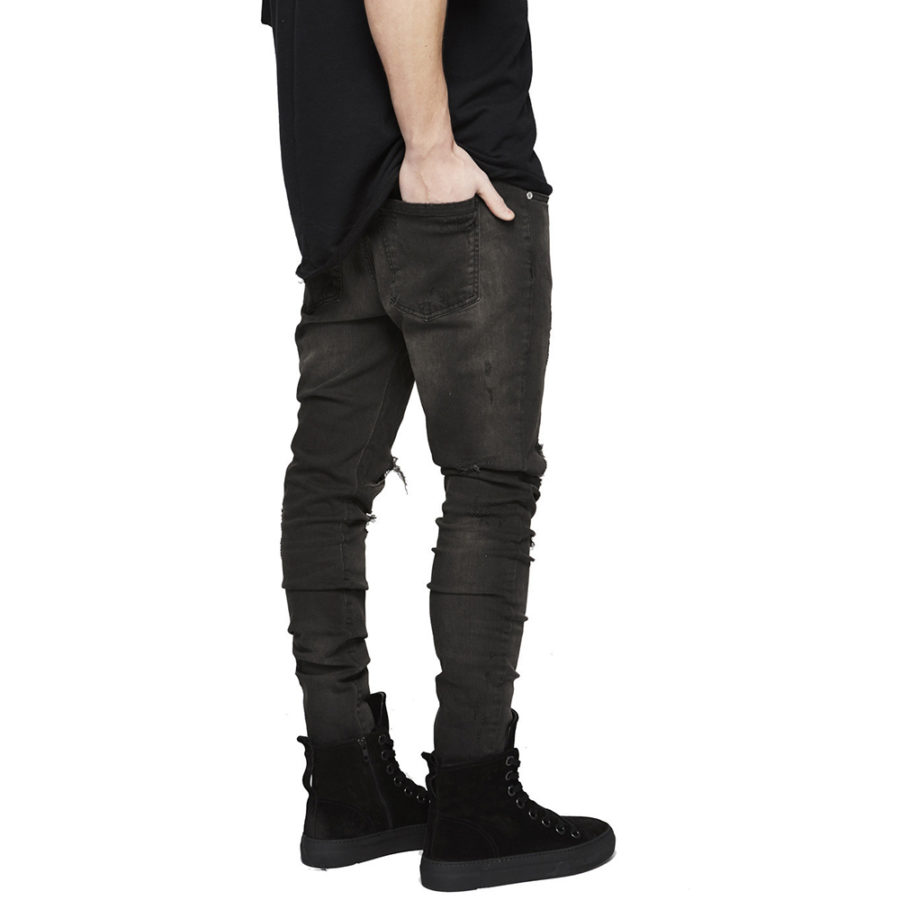 Mens Black Stacked Distressed Ripped Jeans Back Side