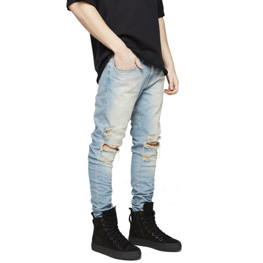 Mens Light Blue Stacked Distressed Ripped Jeans Model Photo