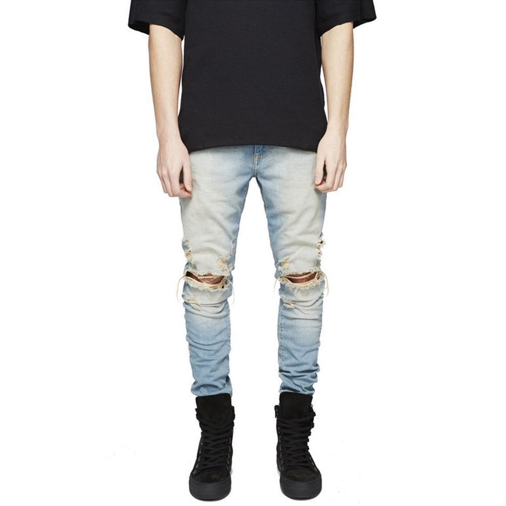 Mens Light Blue Stacked Distressed Ripped Jeans Front Side