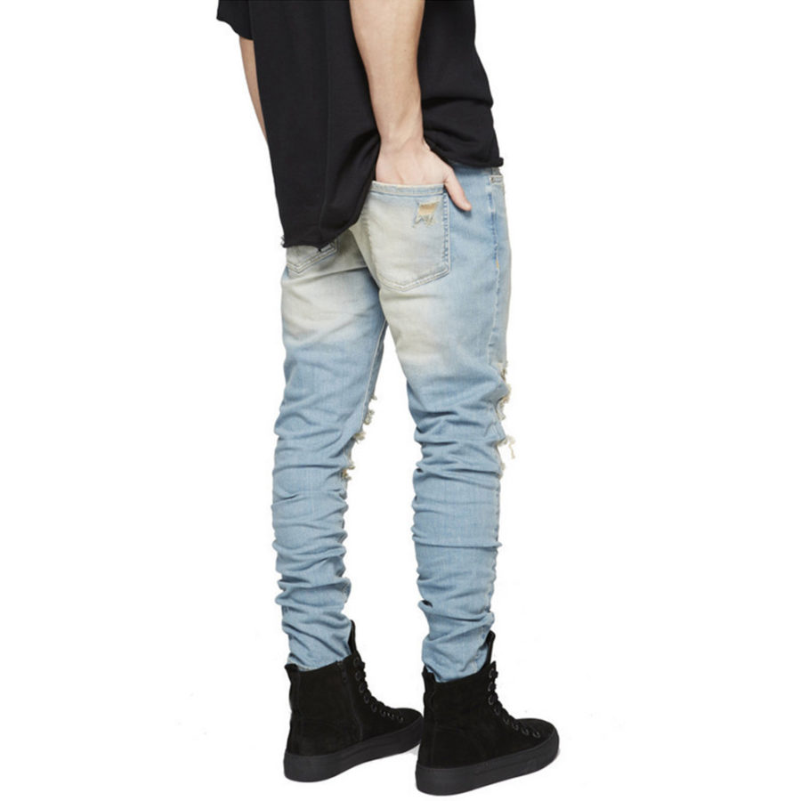 Mens Light Blue Stacked Distressed Ripped Jeans Back Side