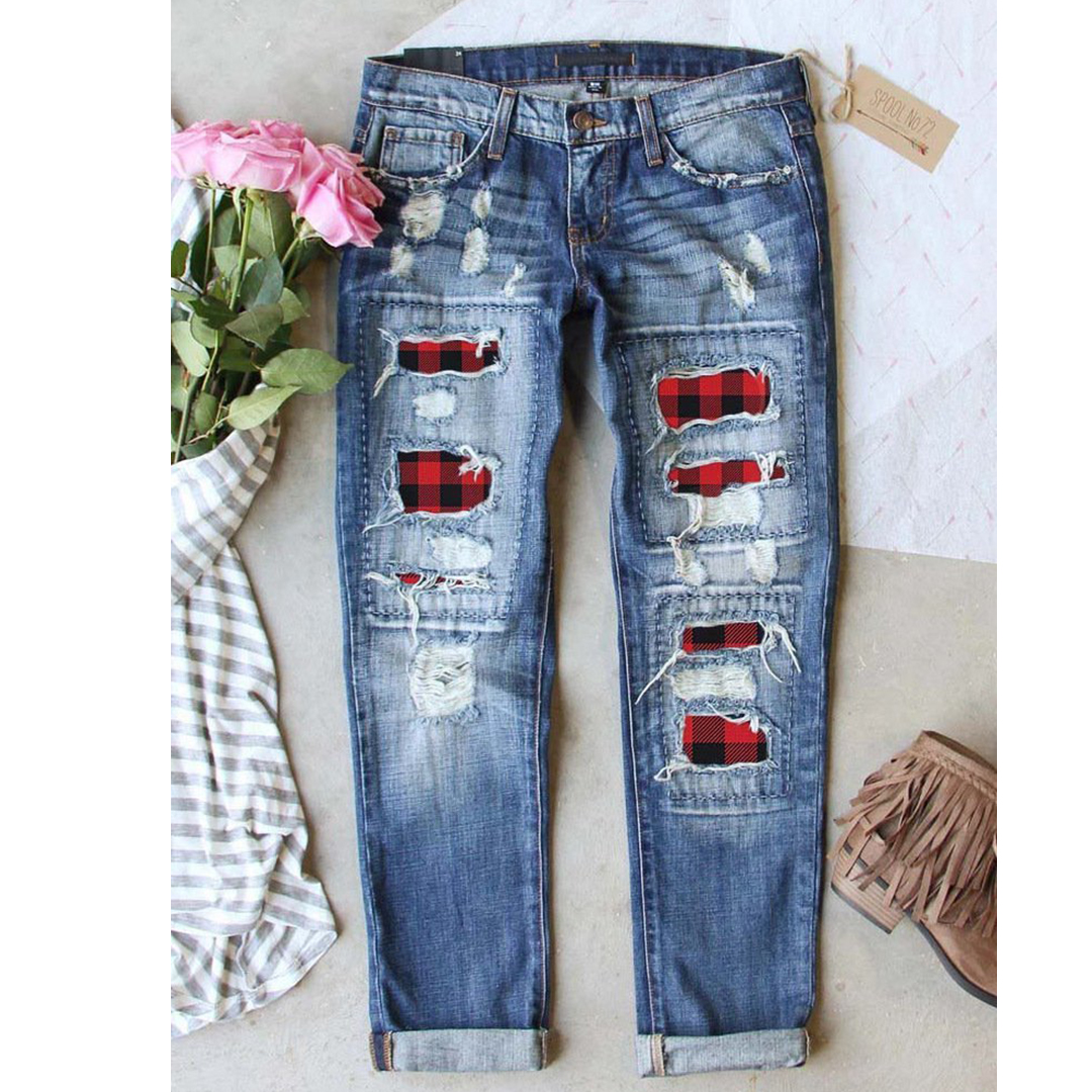 Women Red Plaid Patch Distressed Ripped Jeans