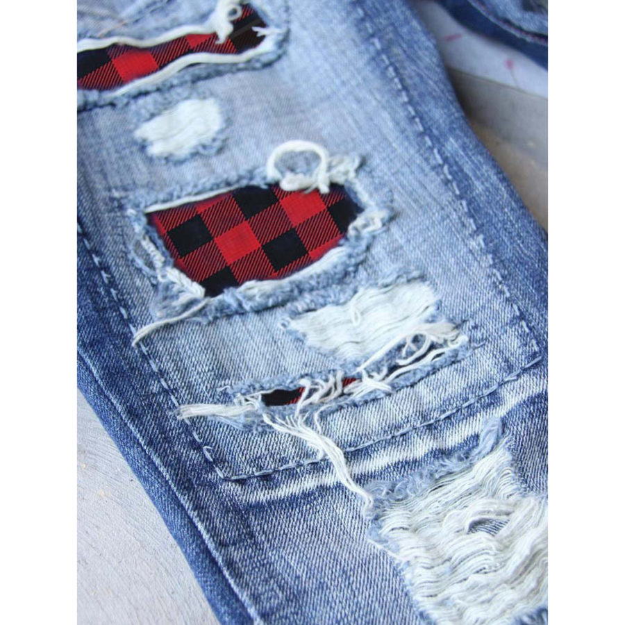 Women Red Plaid Patch Distressed Ripped Jeans Thigh Detail