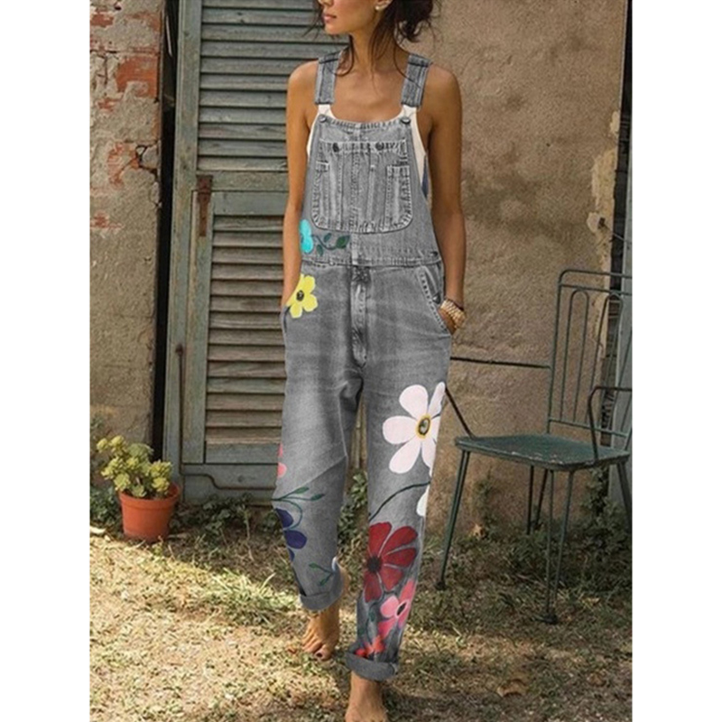 Women Retro Light Washed Floral Denim Overalls - Gray