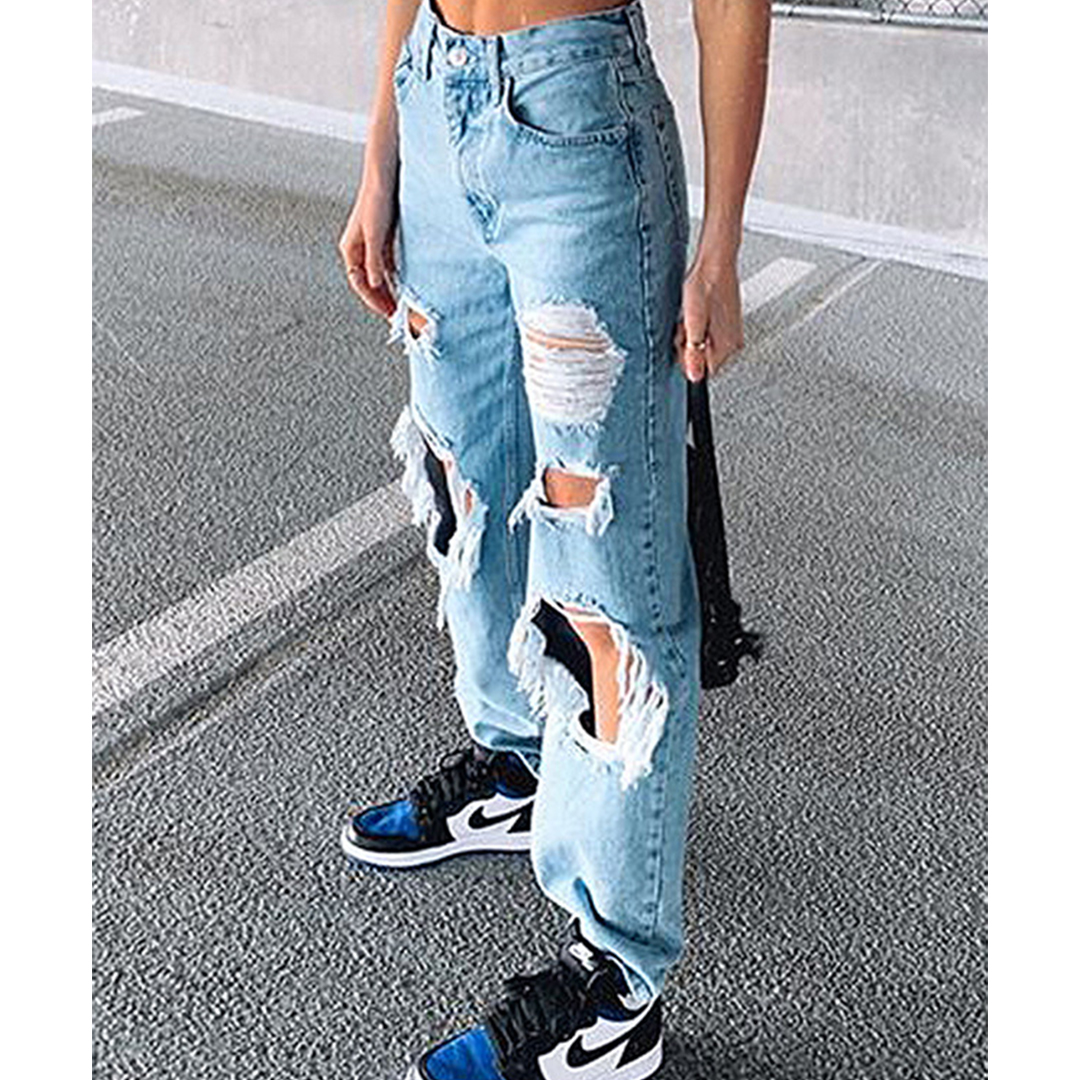 Light Blue Big Holes Ripped Jeans For Women