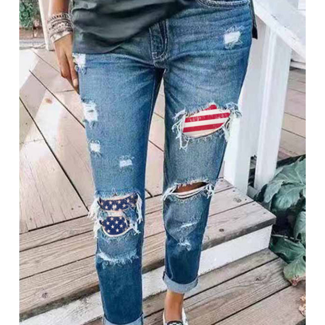 American Flag Light Blue Ripped Jeans For Women Front Side