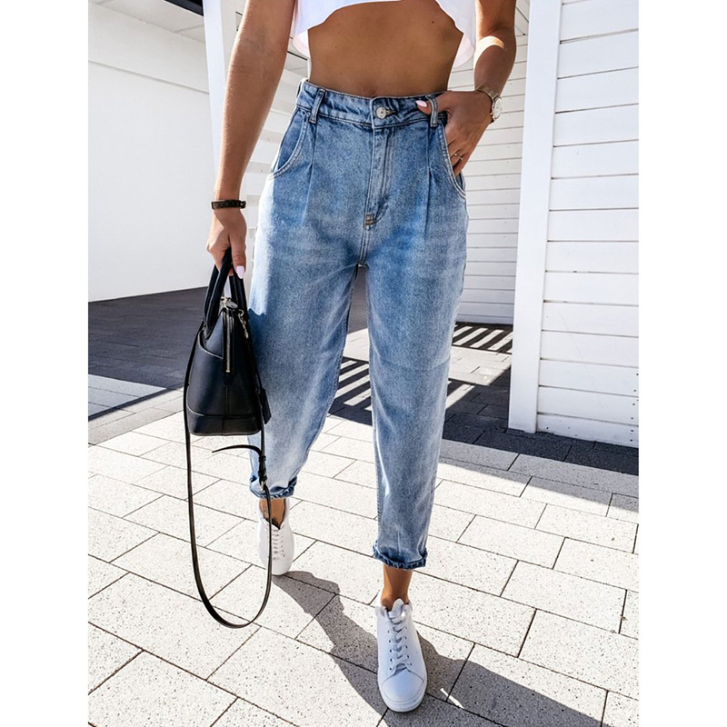 Light Blue Washed Mom Jeans For Women