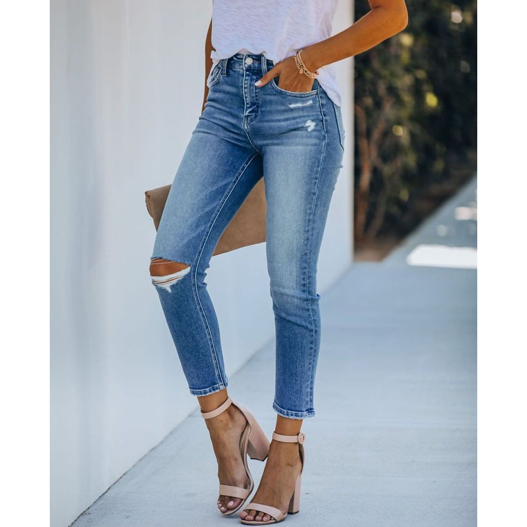 Womens Bootcut Light Blue High Waisted Ripped Jeans model