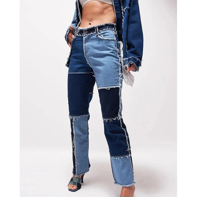 Women Blue Patchwork Color Block Skinny Jeans - Blue Front Side