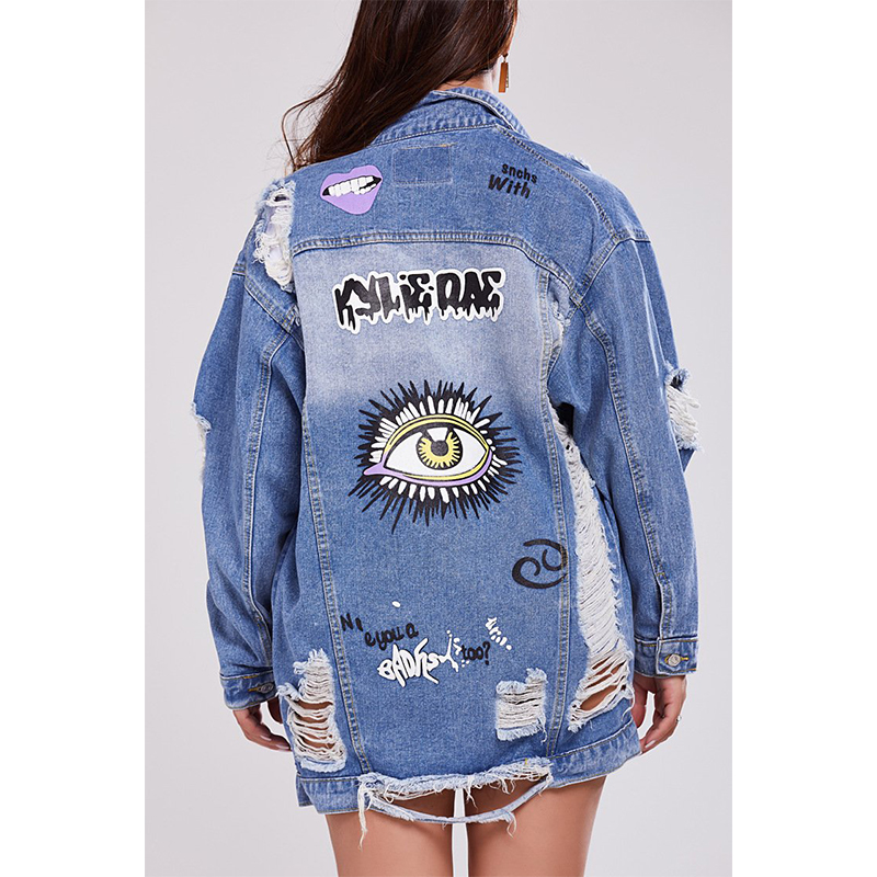 Women’s Big Eye Graphic Distressed Denim Jacket