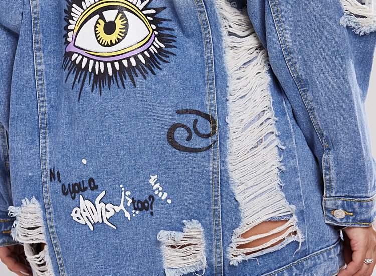 Women’s Big Eye Graphic Distressed Denim Jacket - Details