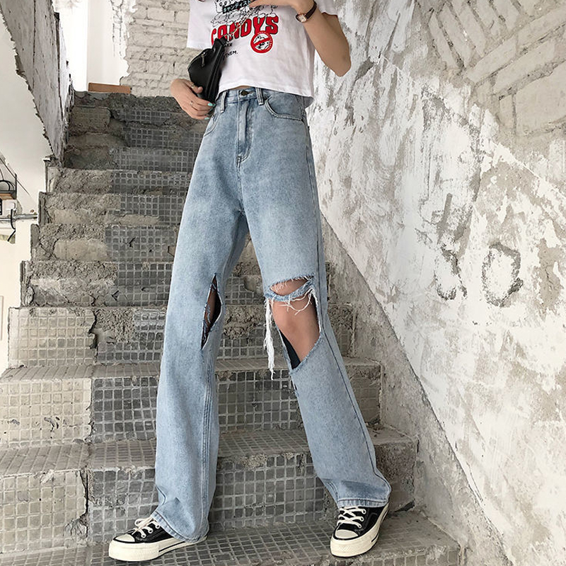 Light Blue Big Holes Baggy Ripped Jeans - RippedJeans® Official Site