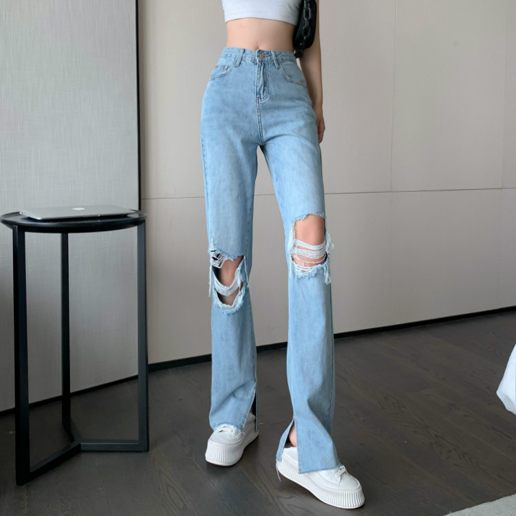 Light Blue Big Holes Long Distressed Ripped Jeans - RippedJeans ...