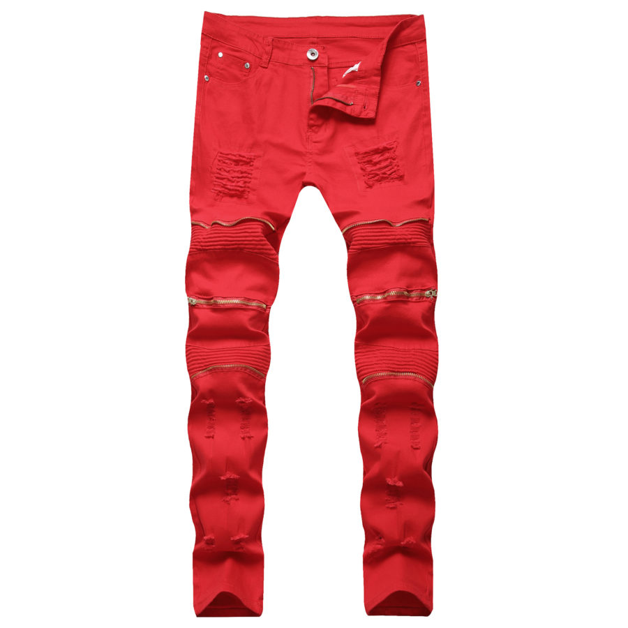 Stacked And Zipped Red Distressed Jeans - RippedJeans® Official Site