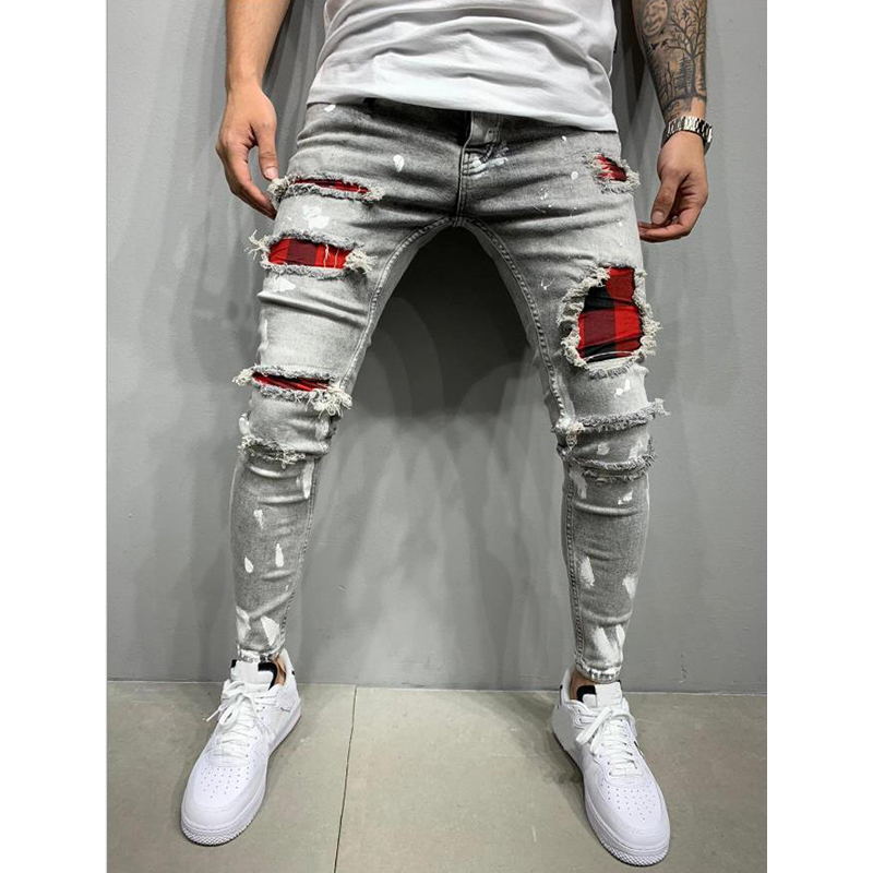 Men's Red Patchwork Paint Splatter Ripped Jeans - Gray Front