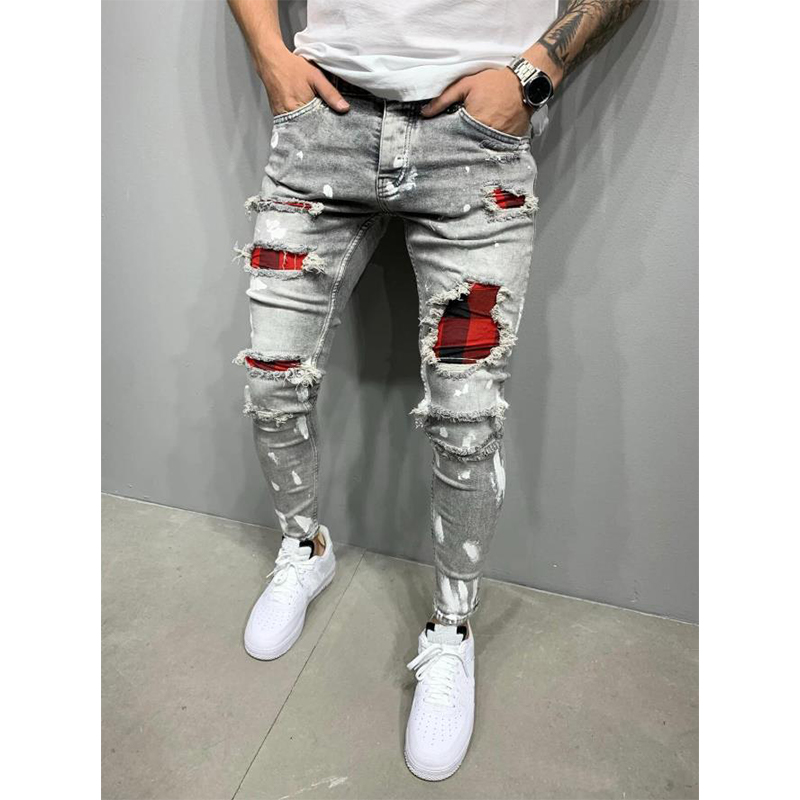 Men's Red Patchwork Paint Splatter Ripped Jeans - Model Photo