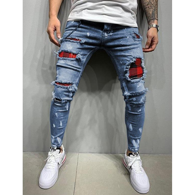 Men's Red Patchwork Paint Splatter Ripped Jeans - Blue Front Side