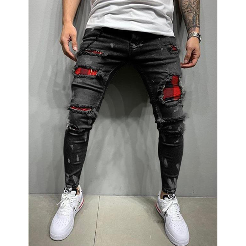 Men's Red Patchwork Paint Splatter Ripped Jeans - Black Front Side
