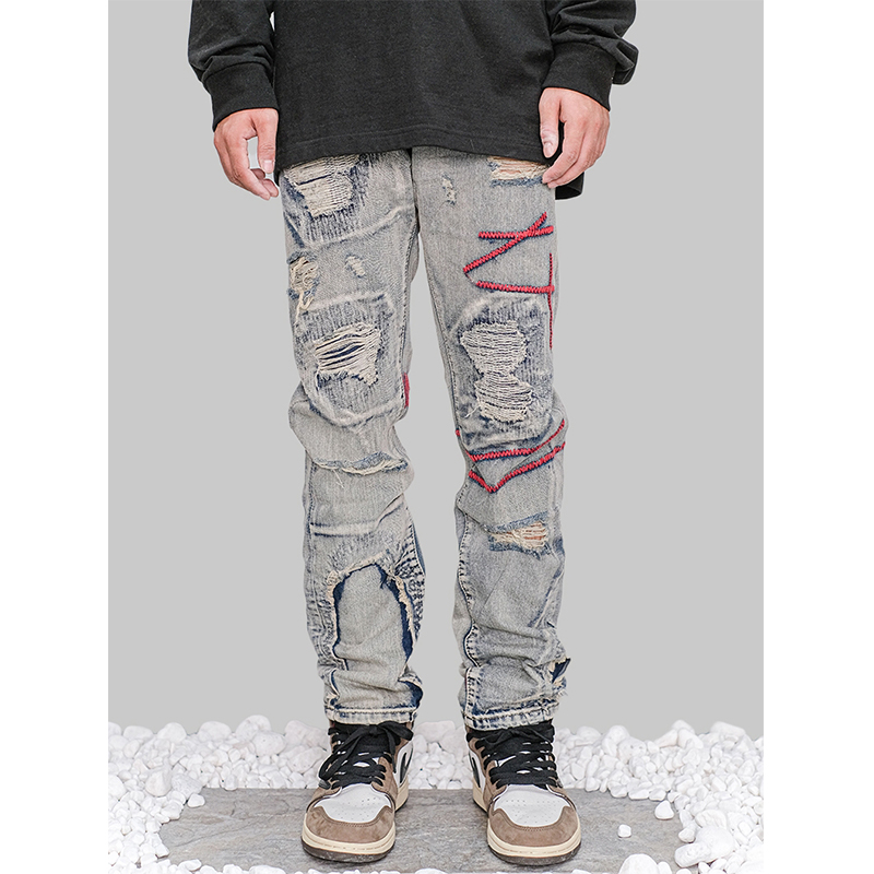 Men's Retro Distressed And Embroidered Jeans Front Side