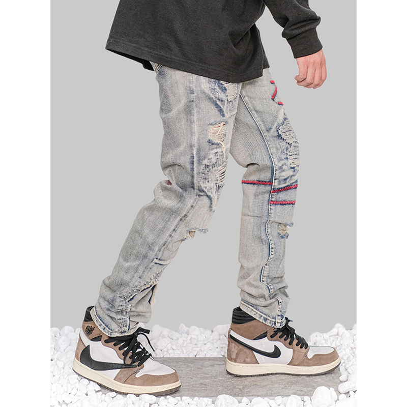 Men's Retro Distressed And Embroidered Jeans Side Face