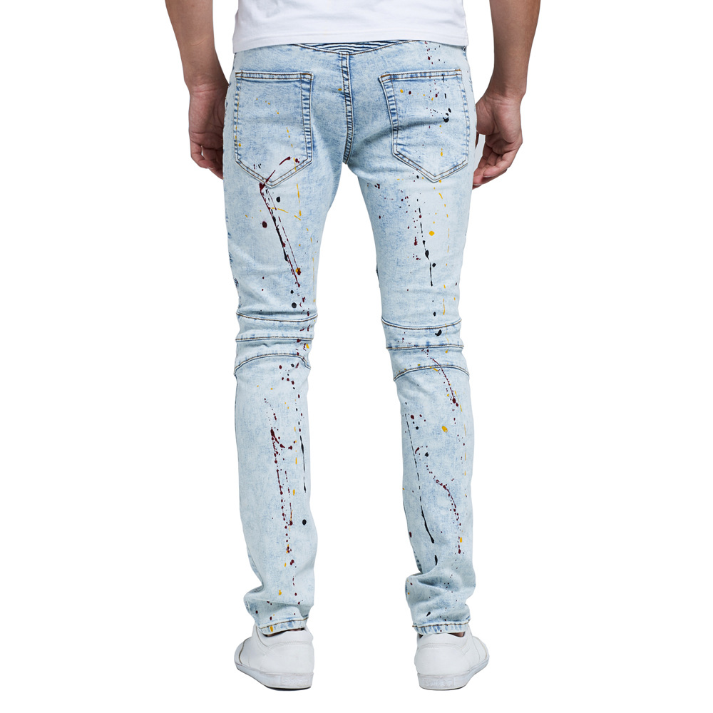 Men's Light Blue Stacked Knee Paint Splatter Jeans Back Side