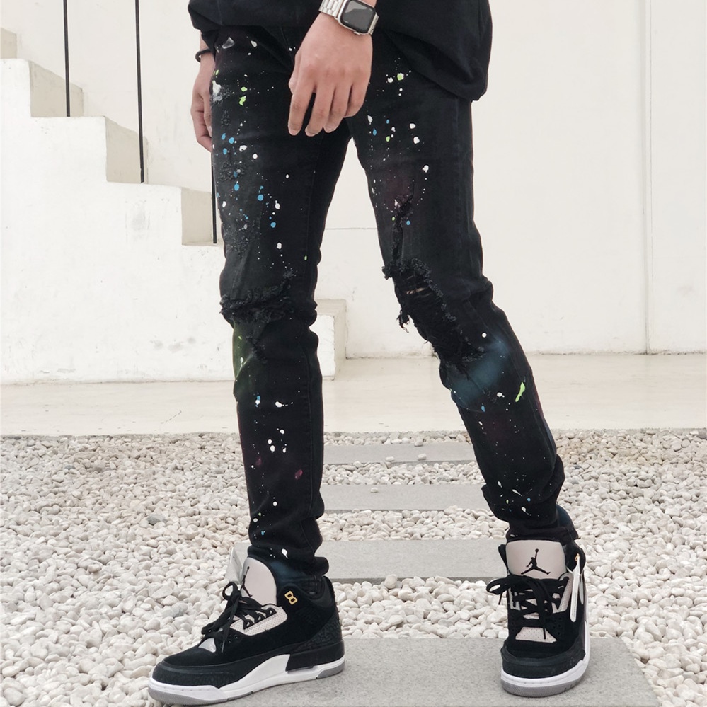 Men's Black Distressed Knee Paint Splatter Jeans Front Side