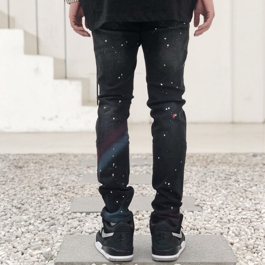Men's Black Distressed Knee Paint Splatter Jeans Back Side