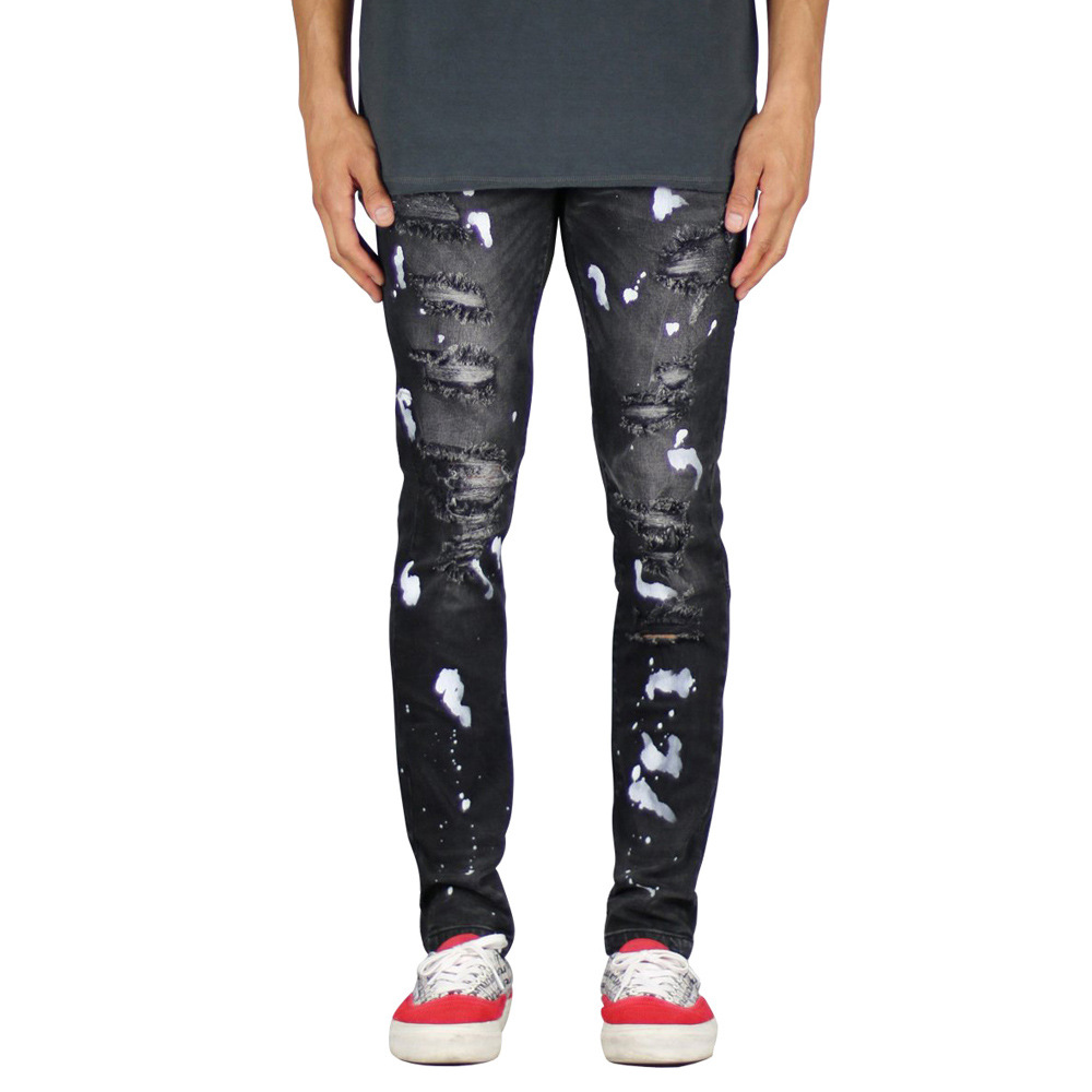 Men's Black Paint Splatter Skinny Jeans Front Side