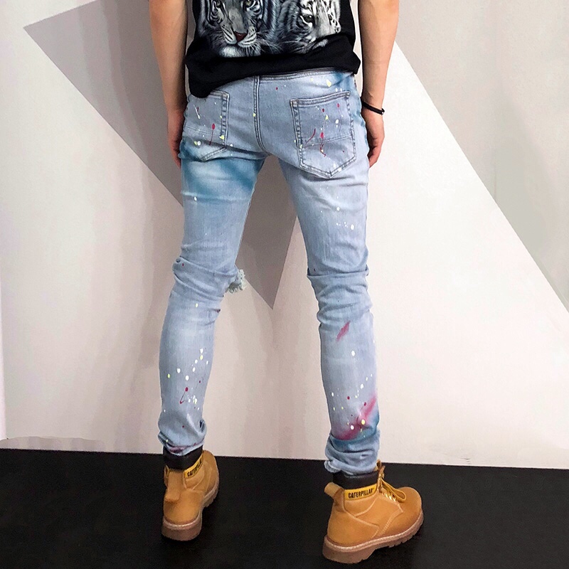 Men's Light Blue Paint Splatter Jeans Back Side