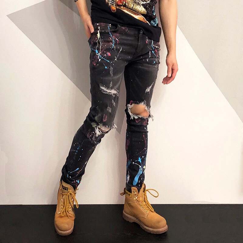Men's Black Knee Ripped Paint Splatter Jeans model Photo