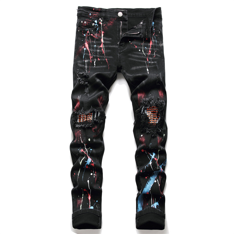 Men's Black Patchwork Paint Splatter Jeans Front Side