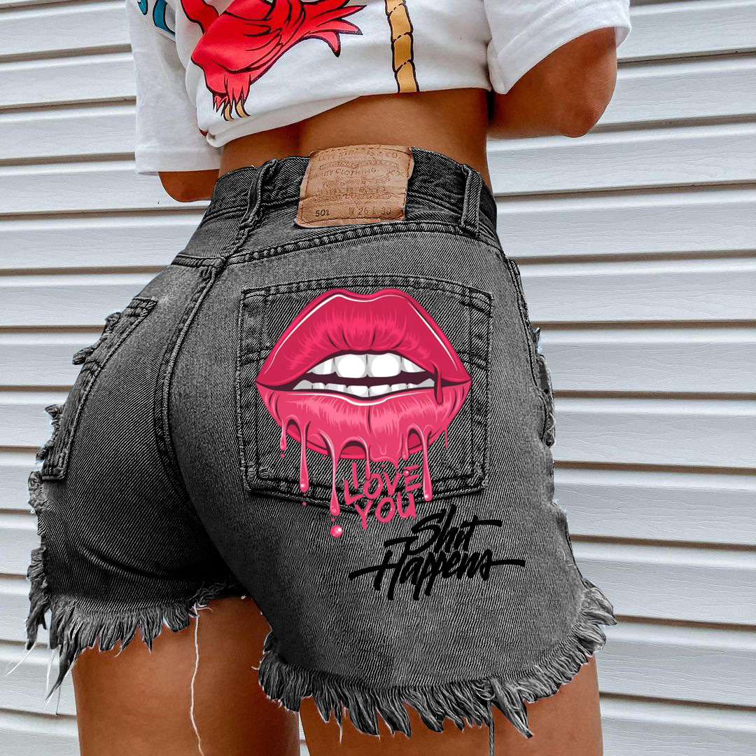 Women's Pink Lips I Love You Graphic Jean Shorts - Black