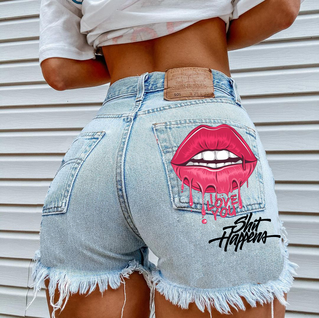 Women's Pink Lips I Love You Graphic Jean Shorts - Light Blue