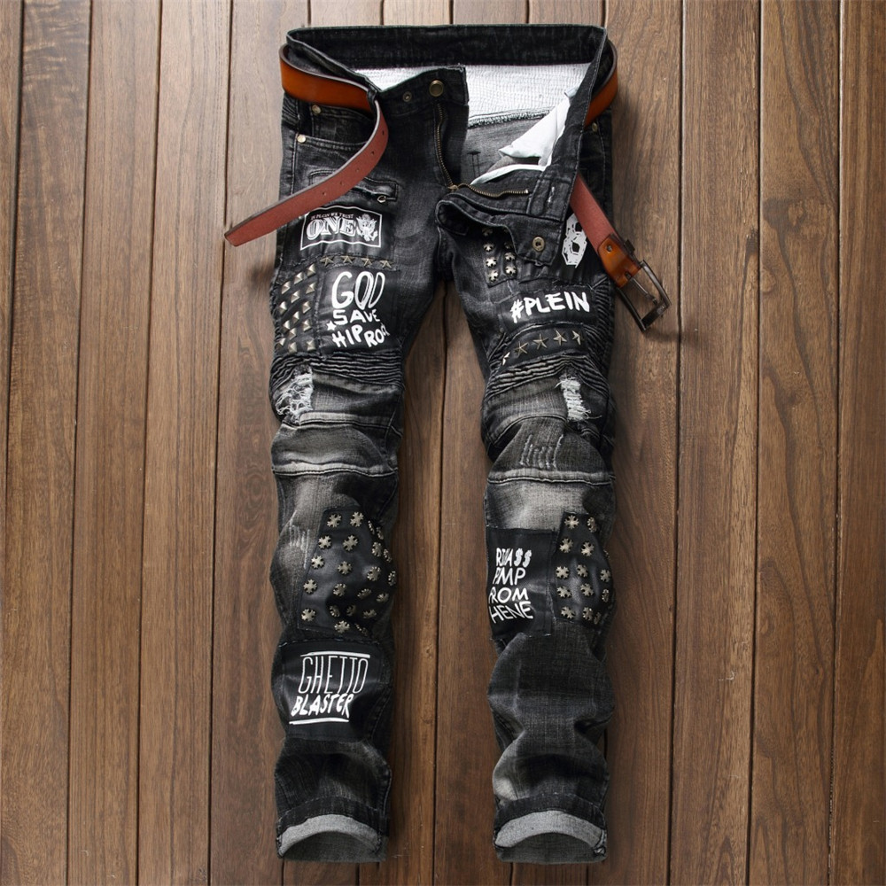 Men's Black Punk Rock Jeans - Front View