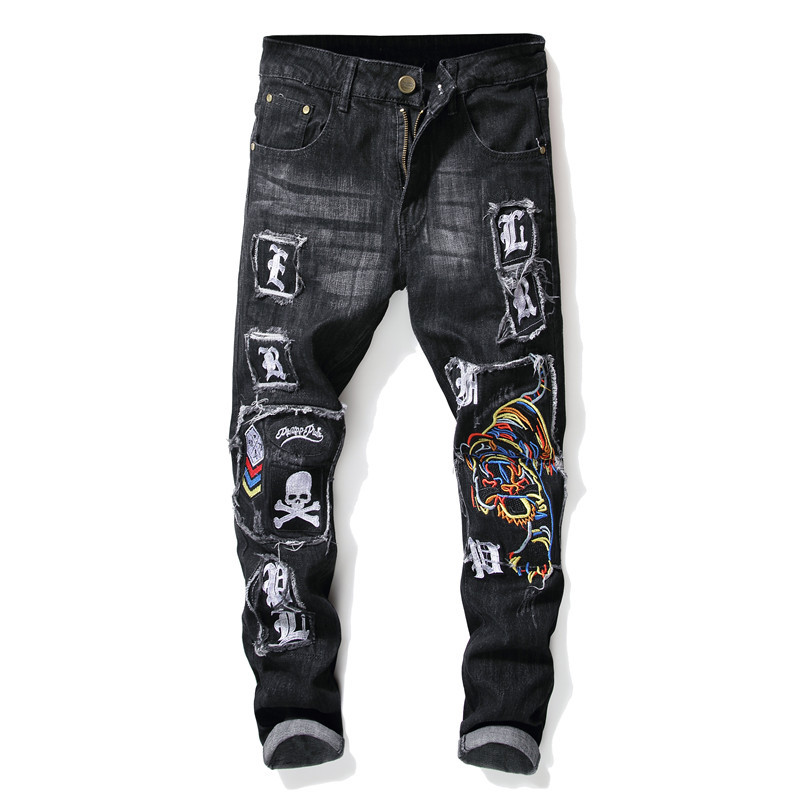 Men's Punk Style Skull Print Patchwork Jeans - Front View