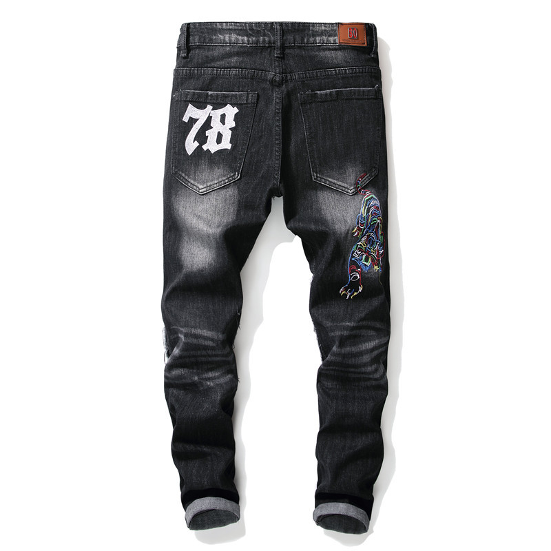 Men's Punk Style Skull Print Patchwork Jeans - Back View