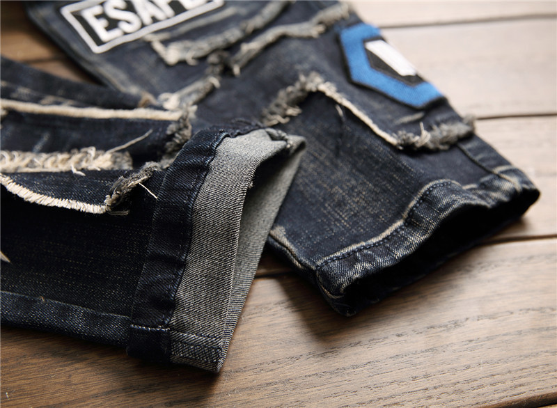 Men's Black Distressed Patchwork Jeans - Hem Details