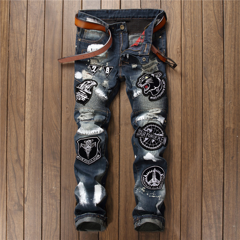 Men's Black Punk Rock Distressed Jeans - Front View
